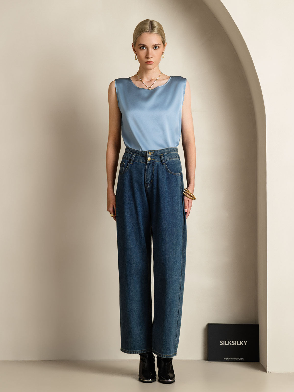 [Grayish Blue] SilkSilky-CA 19Momme Silk Round Neck Camisole 007