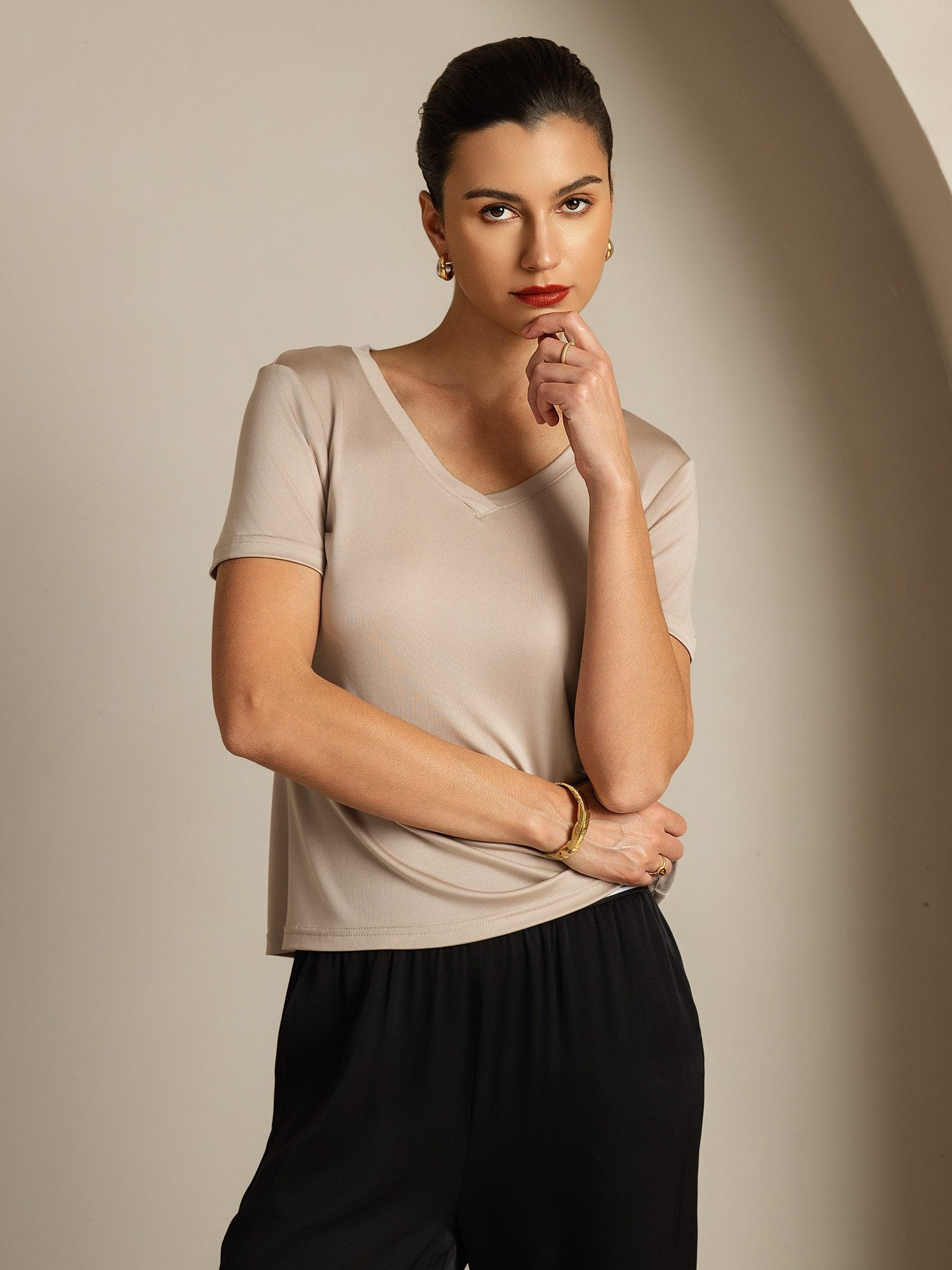 [LightKhaki] SilkSilky-CA Pure Silk V Neck Women's T-Shirt 007