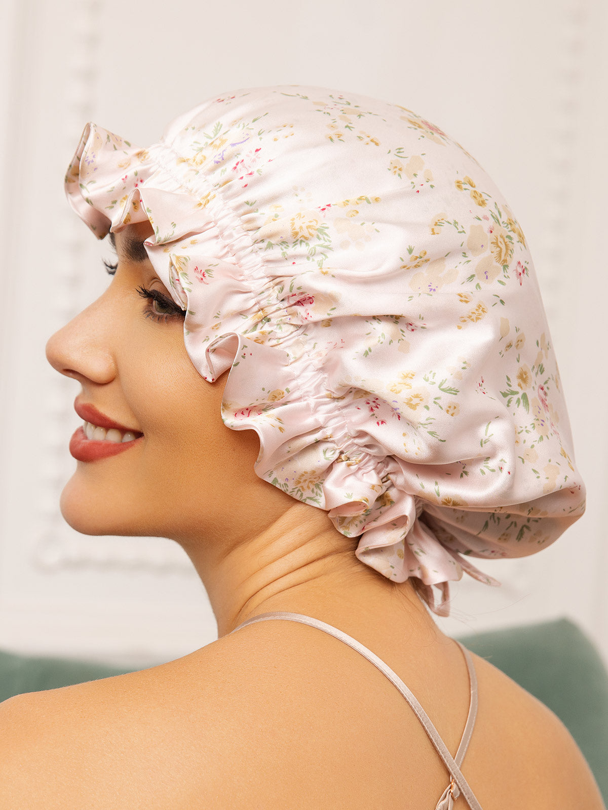 SilkSilky-CA Pure Silk Sleep Cap Floral 002