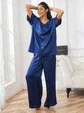 SilkSilky CA Pure Silk Short Sleeve V Neck Women's Pajamas DarkBlue 003