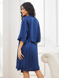 SilkSilky CA Pure Silk 3/4 Sleeve Nightgown&Robe Set DarkBlue 002