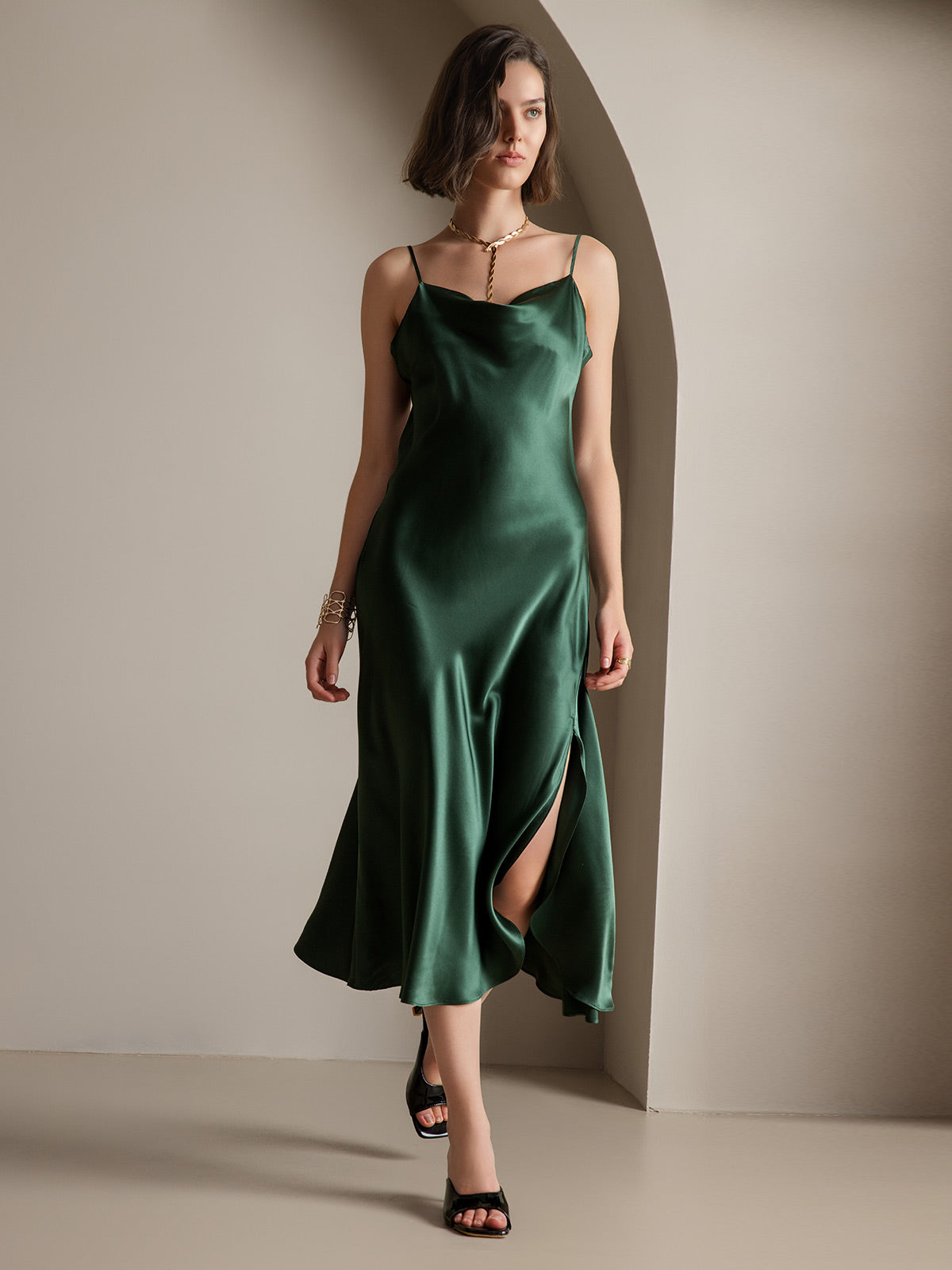 [Dark Green] SilkSilky-CA 19Momme Pure Silk Cowl Neck Dress 006