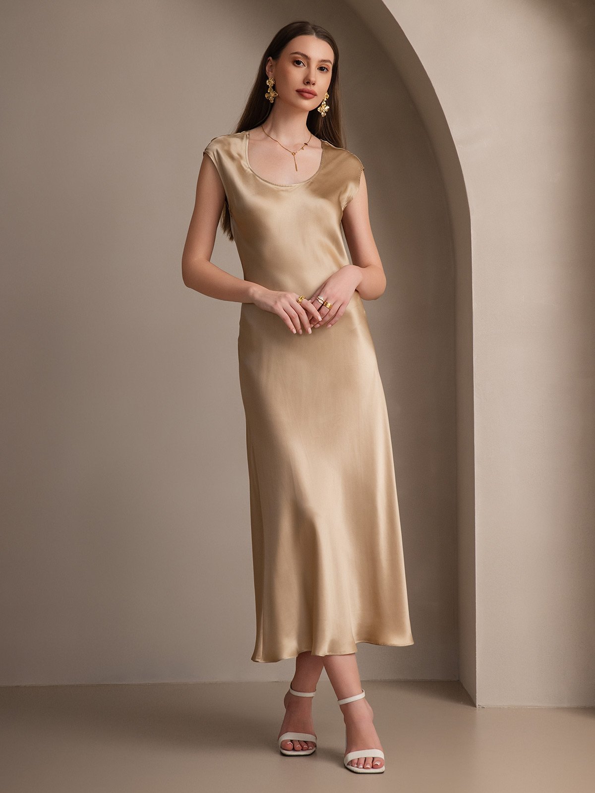 [Champagne] SilkSilky-CA 19Momme Silk Cap Sleeve Round Neck Dress 001