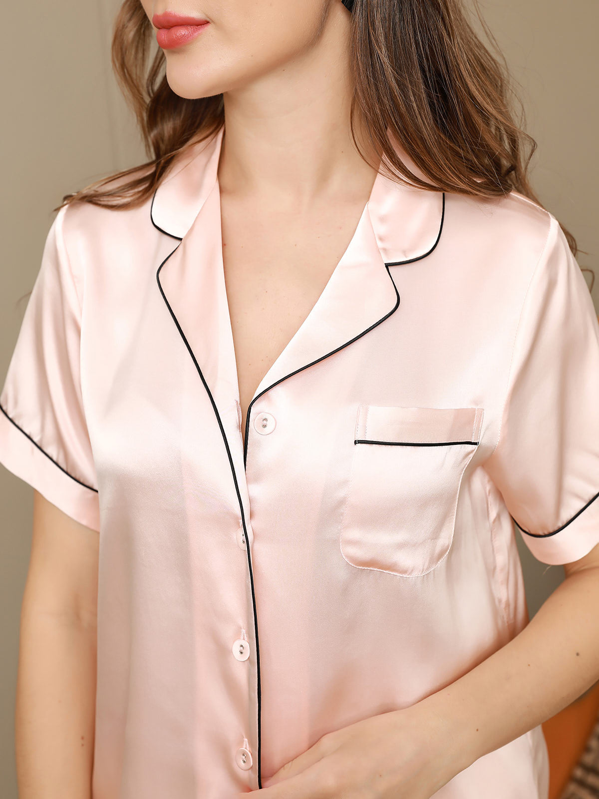 SilkSilky-CA Pure Silk Short Sleeve Lapel Women's Pajamas Pink 008