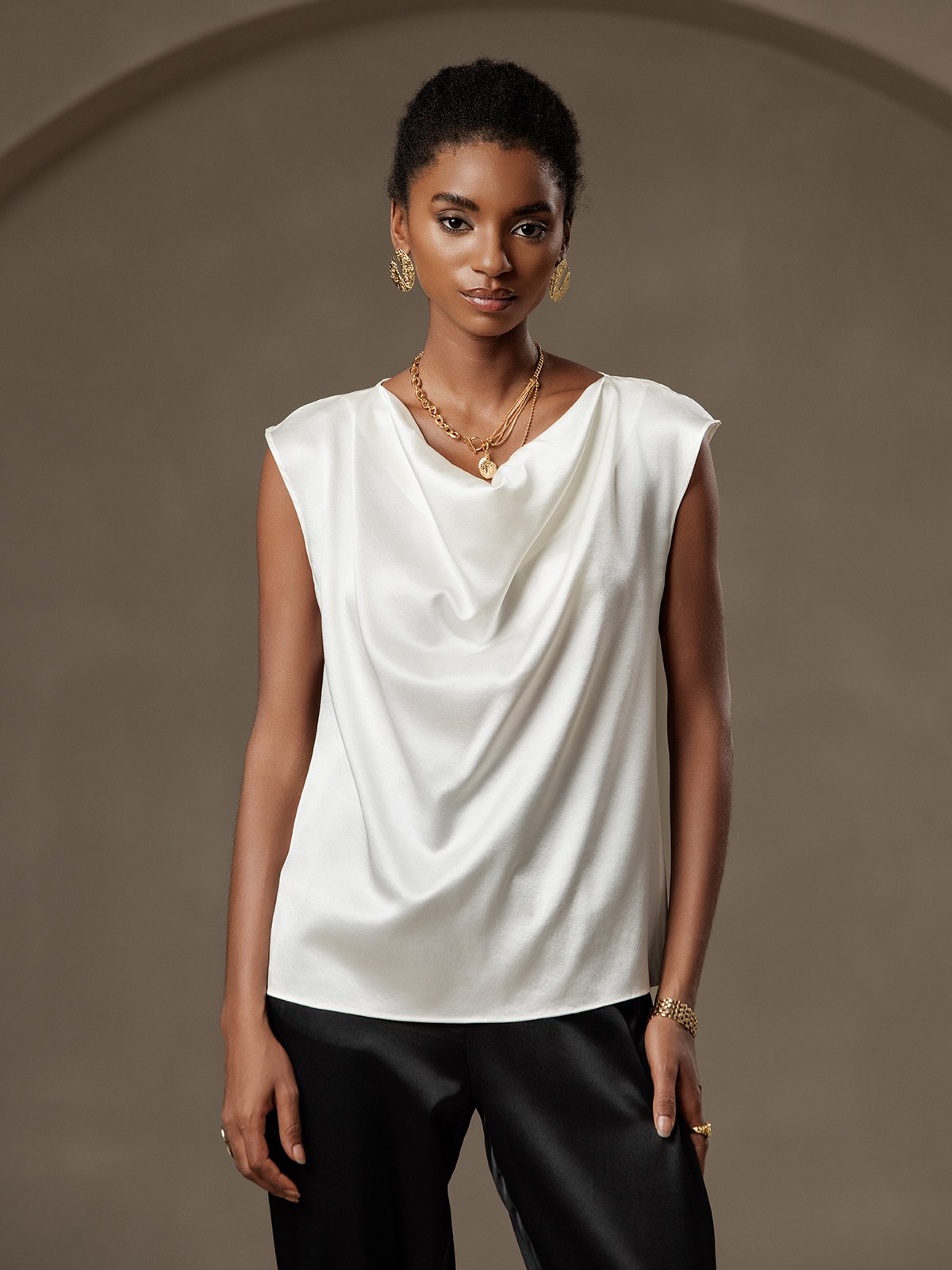 [White] SilkSilky-CA 19Momme Silk Cap Sleeve Cowl Neck Women's T-Shirt 001
