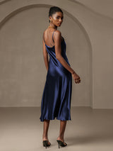 [Dark Blue] SilkSilky-CA Spaghetti Strap Cowl Neck Dress 002