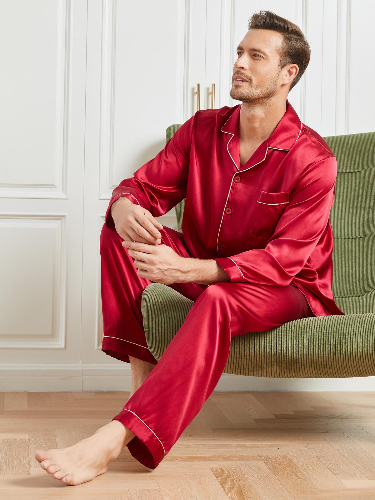 SilkSilky CA 19Momme Pure Silk Long Sleeve Lapel Men's Pajamas Red 004