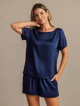 [Dark Blue] SilkSilky-CA 19Momme Machine-Washable Silk Short Sleeve Round Neck Women's Pajamas 003