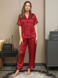 SilkSilky-CA Pure Silk Short Sleeve Lapel Women's Pajamas DarkRed 001