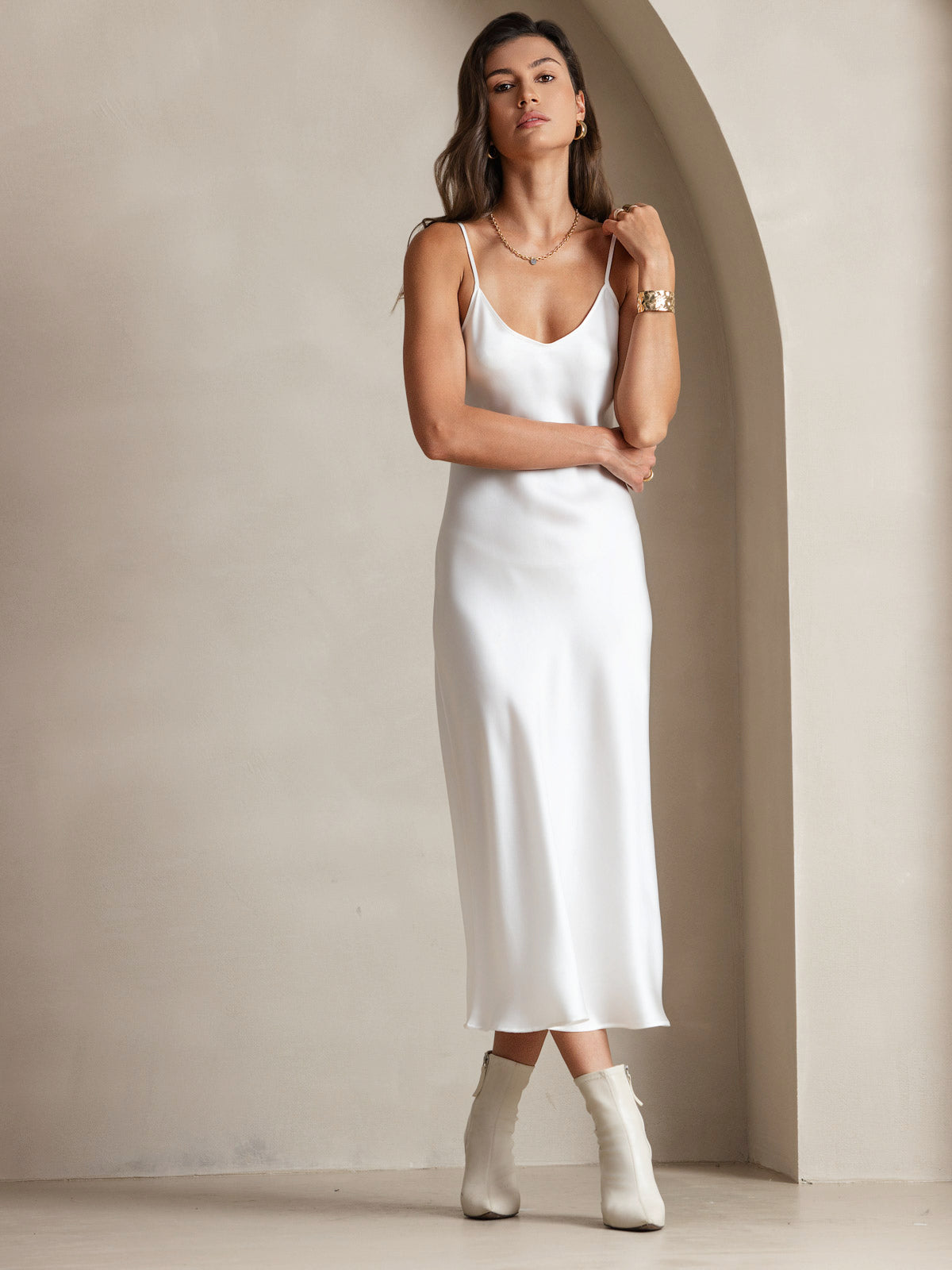 SilkSilky-CA Pure Silk Sleeveless Round Neck Dress White 006