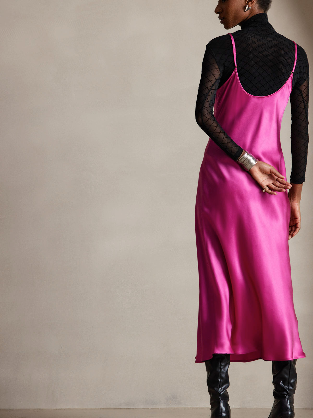 [Rose Red] SilkSilky-CA Pure Silk Round Neck Dress 002