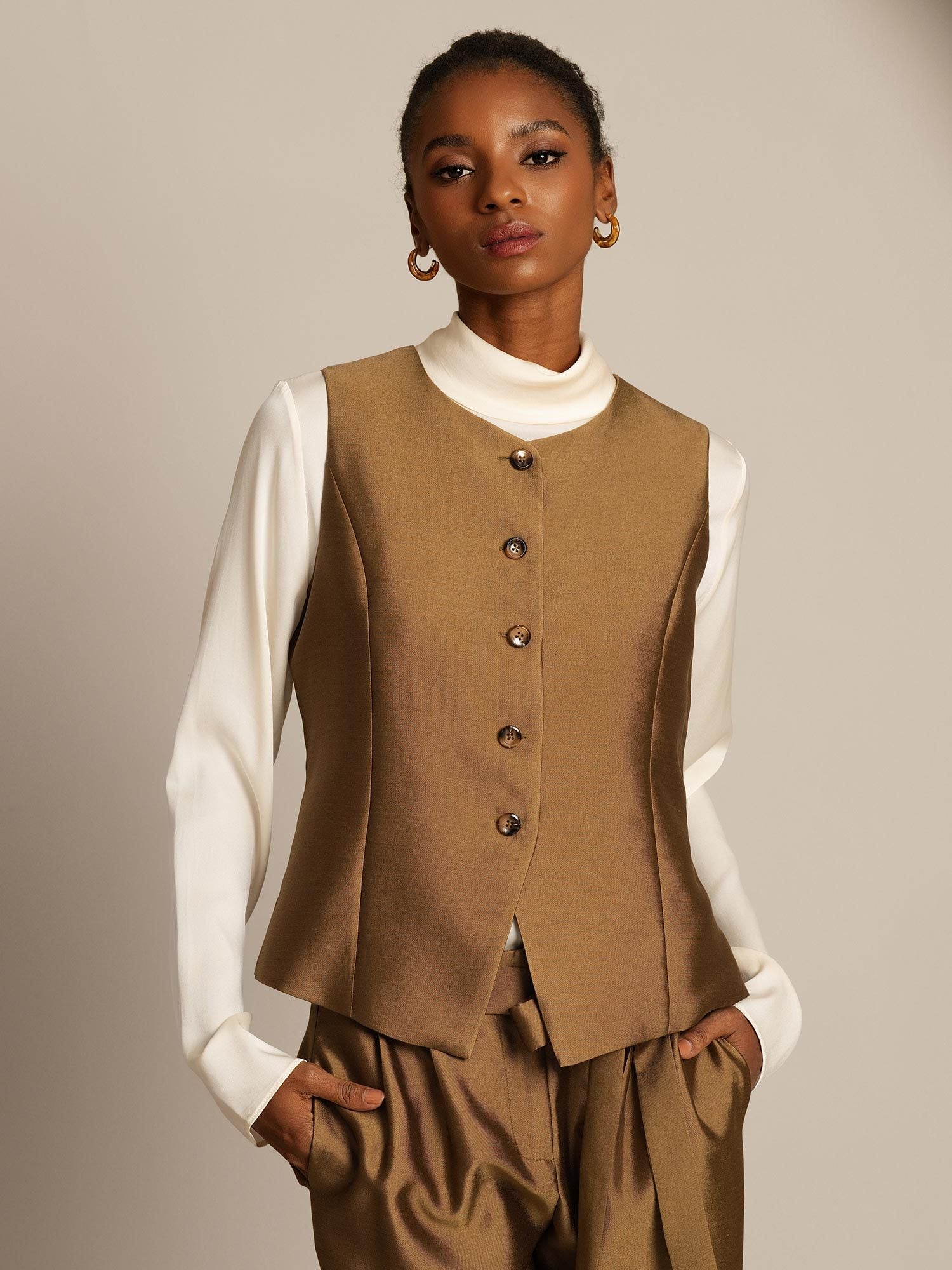 [Bronze] SilkSilky-CA 32Momme Silk-Wool Blend Womens Vest 001,