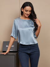 [Grayish Blue] SilkSilky-CA Half Sleeve Scoop Neck Women's T-Shirt 004