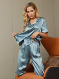 SilkSilky CA Pure Silk Short Sleeve Lapel Women's Pajamas SteelBlue 003