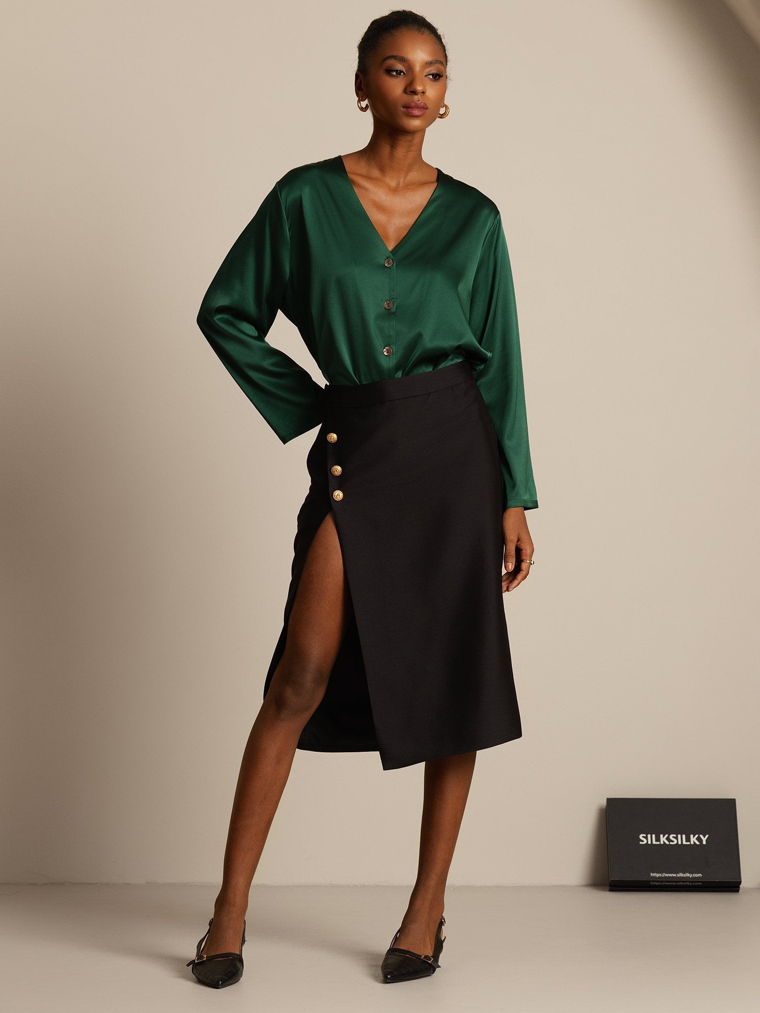 [Black] SilkSilky-CA 32Momme Silk-Wool Blend Split Skirt 006,