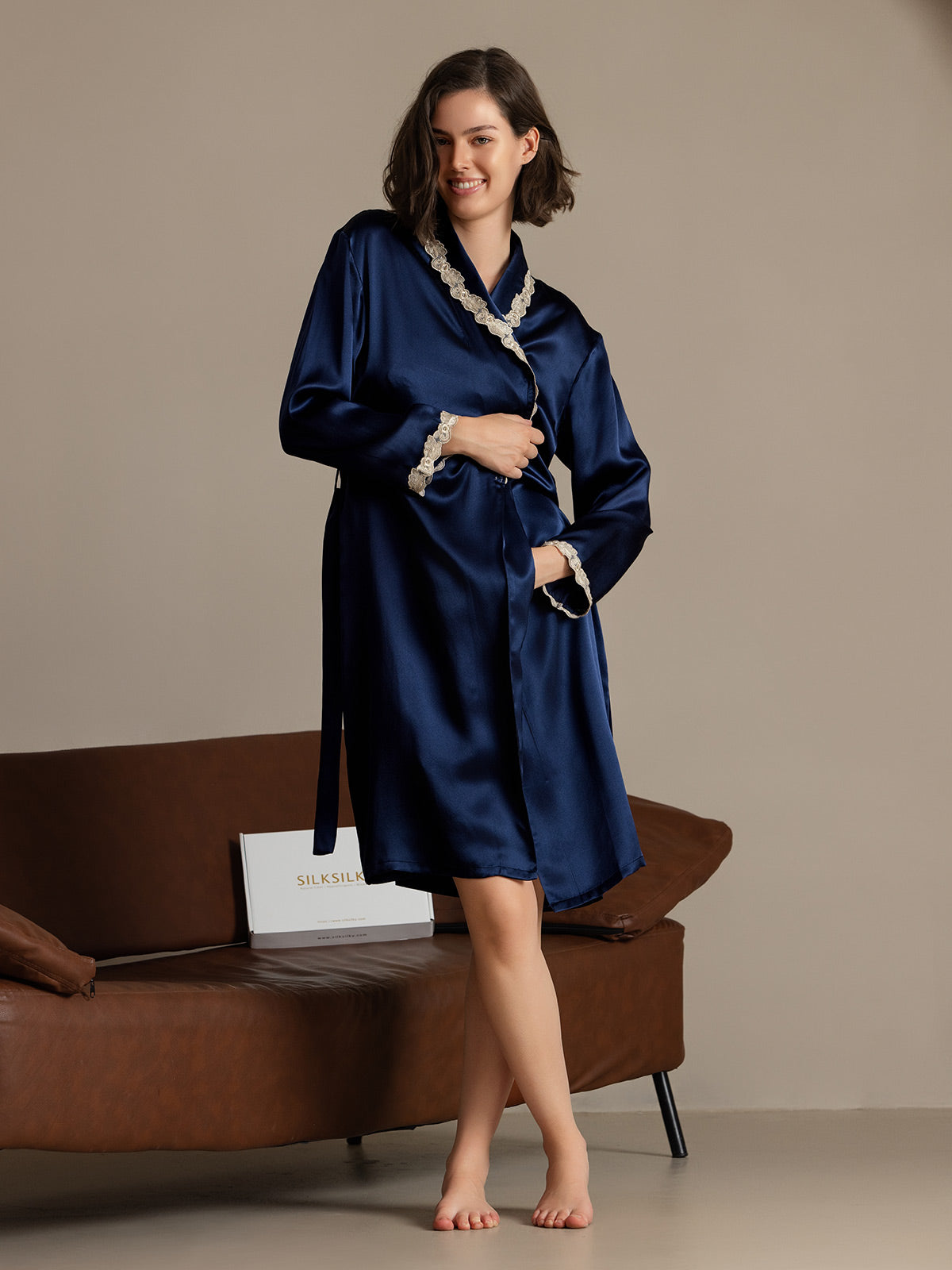 SilkSilky-CA Pure Silk Long Sleeve V Neck Women's Robe DarkBlue 004