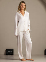 [White] SilkSilky-CA 19Momme Machine-Washable Silk Long Sleeve Notch Collar Women's Pajamas 003