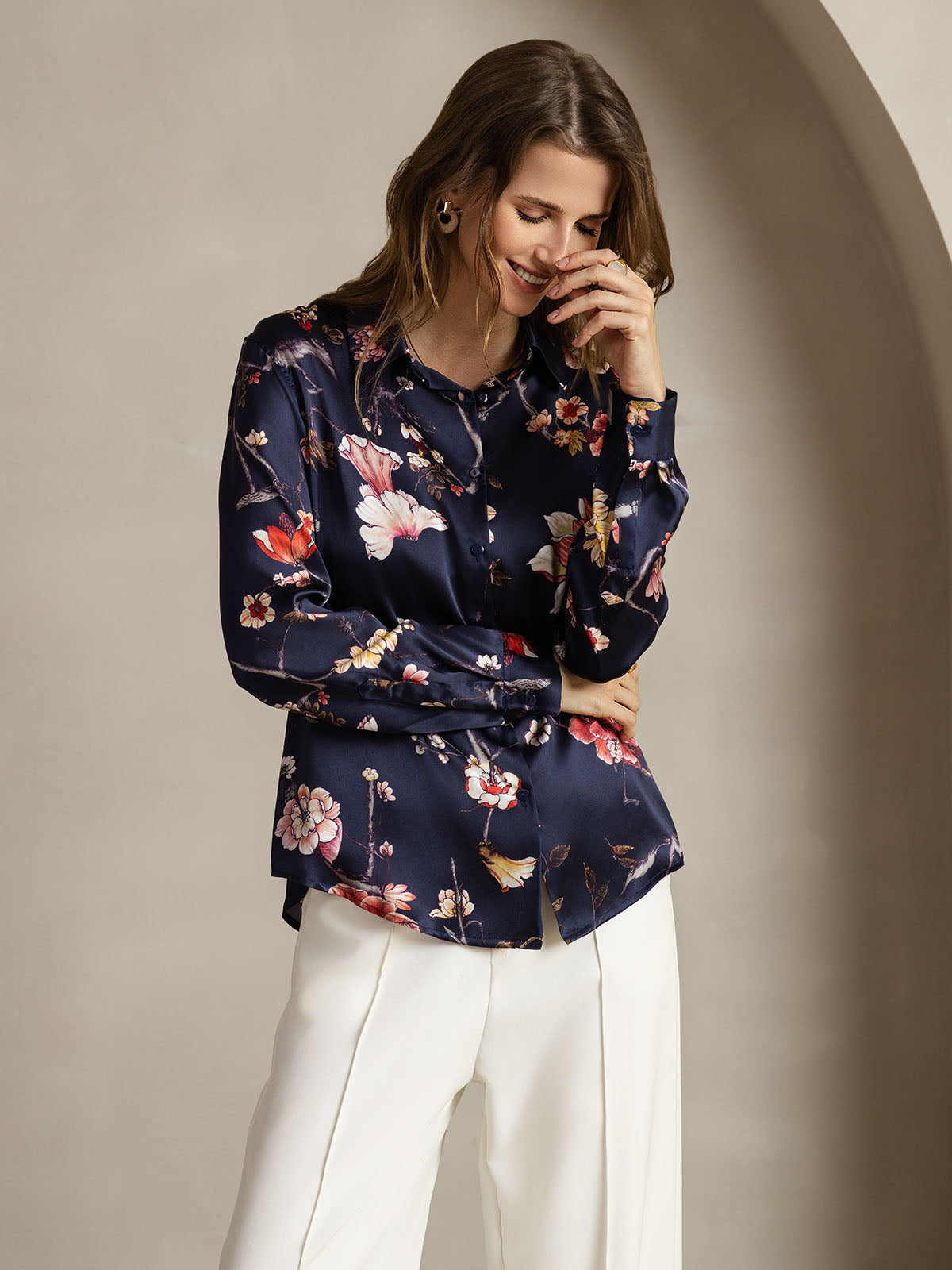 [Navy Floral] SilkSilky-CA Silk Lapel Collar Women's Shirt 005