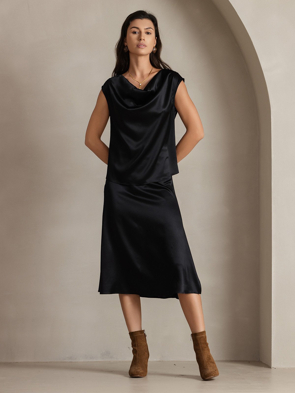 [Black] SilkSilky-CA 19Momme Silk Cap Sleeve Cowl Neck Women's T-Shirt 005