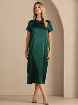 [Dark Green] SilkSilky-CA Short Sleeve Round Neck Dress 007