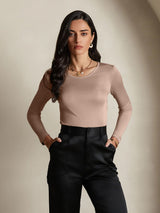 [Coffee] SilkSilky-CA Silk Jersey Long Sleeve Round Neck Women's T-Shirt 001