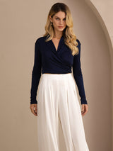 [Dark Blue] SilkSilky-CA Long Sleeve Wrap Women's Blouse 005