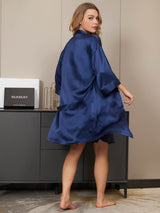 [Dark Blue] SilkSilky-CA 3/4 Sleeve V Neck Nightgown&Robe Set 002