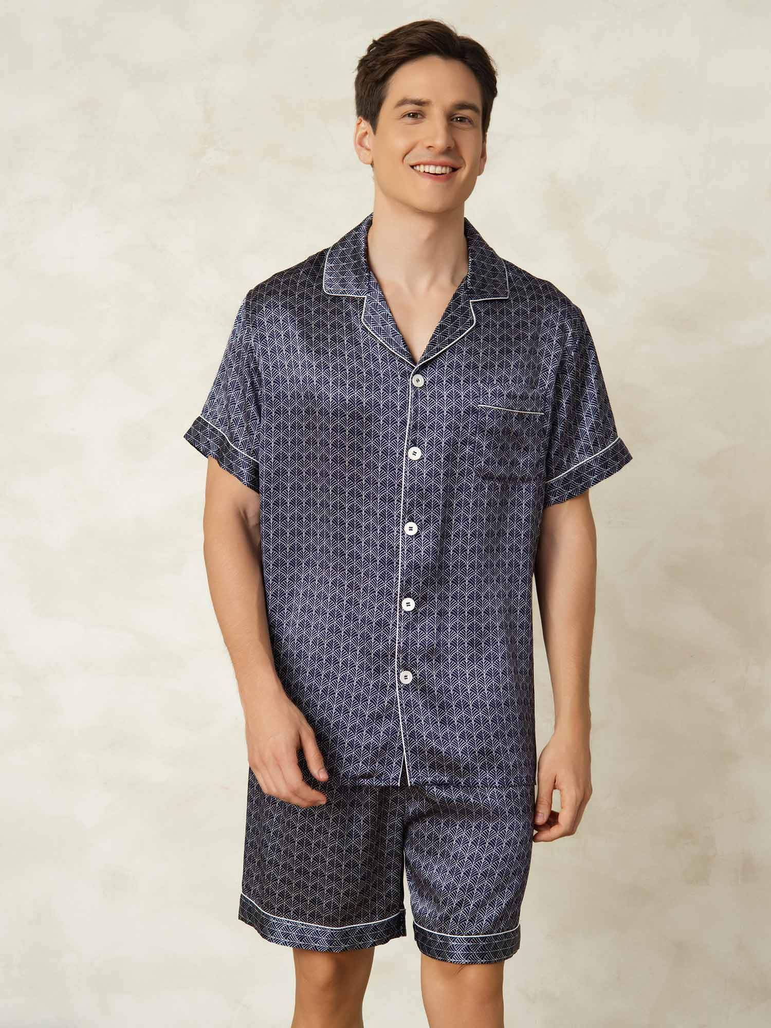 [NavyGinkgo] SilkSilky-CA Pure Silk Lapel Collar Men's Pajamas 001