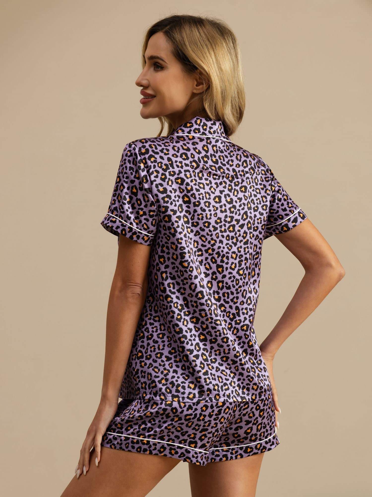 [Purple Leopard] SilkSilky-CA 19Momme Short Sleeve Notch Collar Women's Pajamas 002