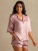 [Peach Skin] SilkSilky-CA 19Momme Machine-Washable Silk Half Sleeve Notch Collar Women's Pajamas 005
