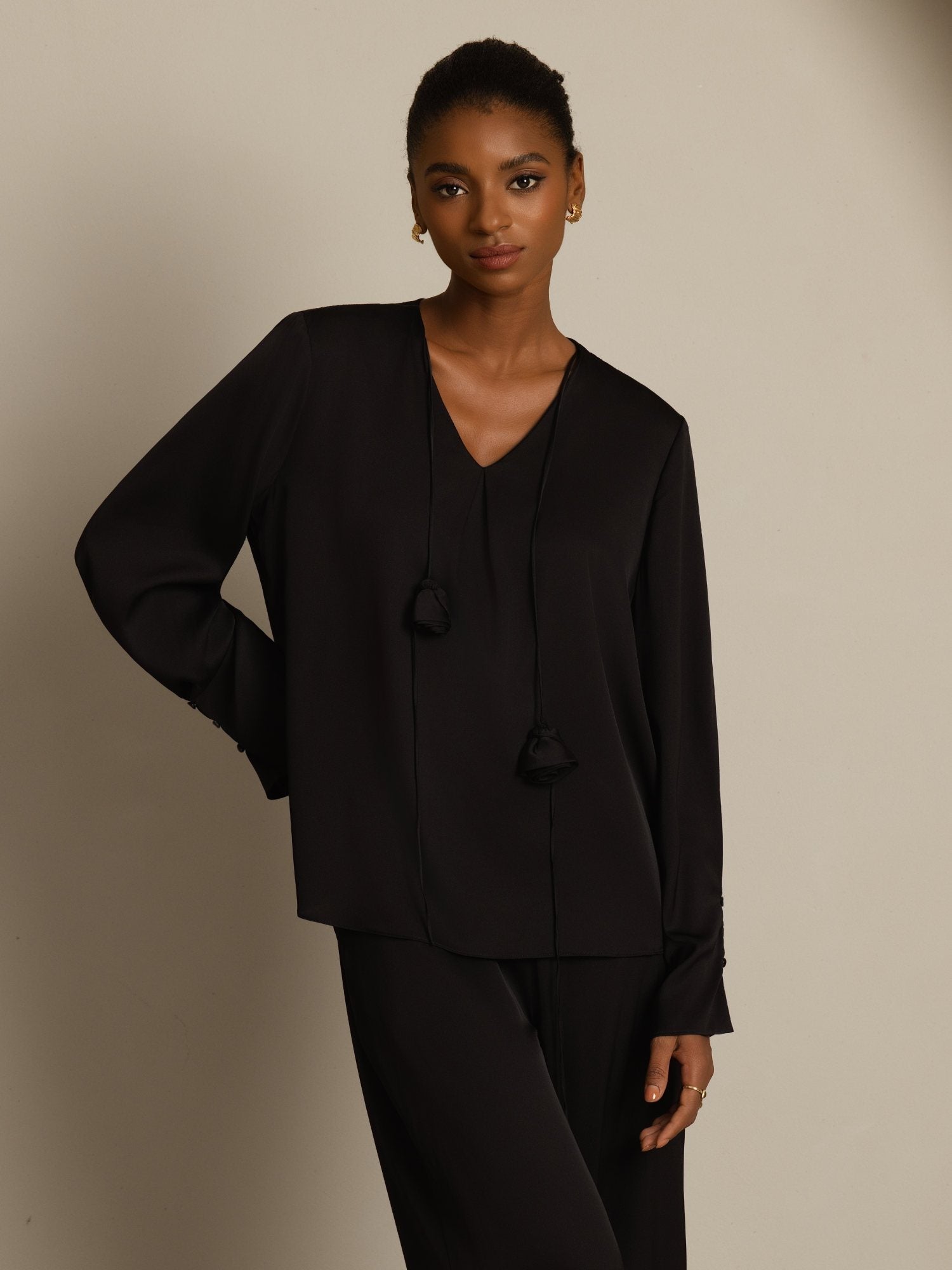 [Black] SilkSilky-CA 19Momme Stretch Silk Double Georgette Long Sleeve V Neck Blouse 003