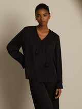 [Black] SilkSilky-CA Long Sleeve V Neck Women's Blouse 003
