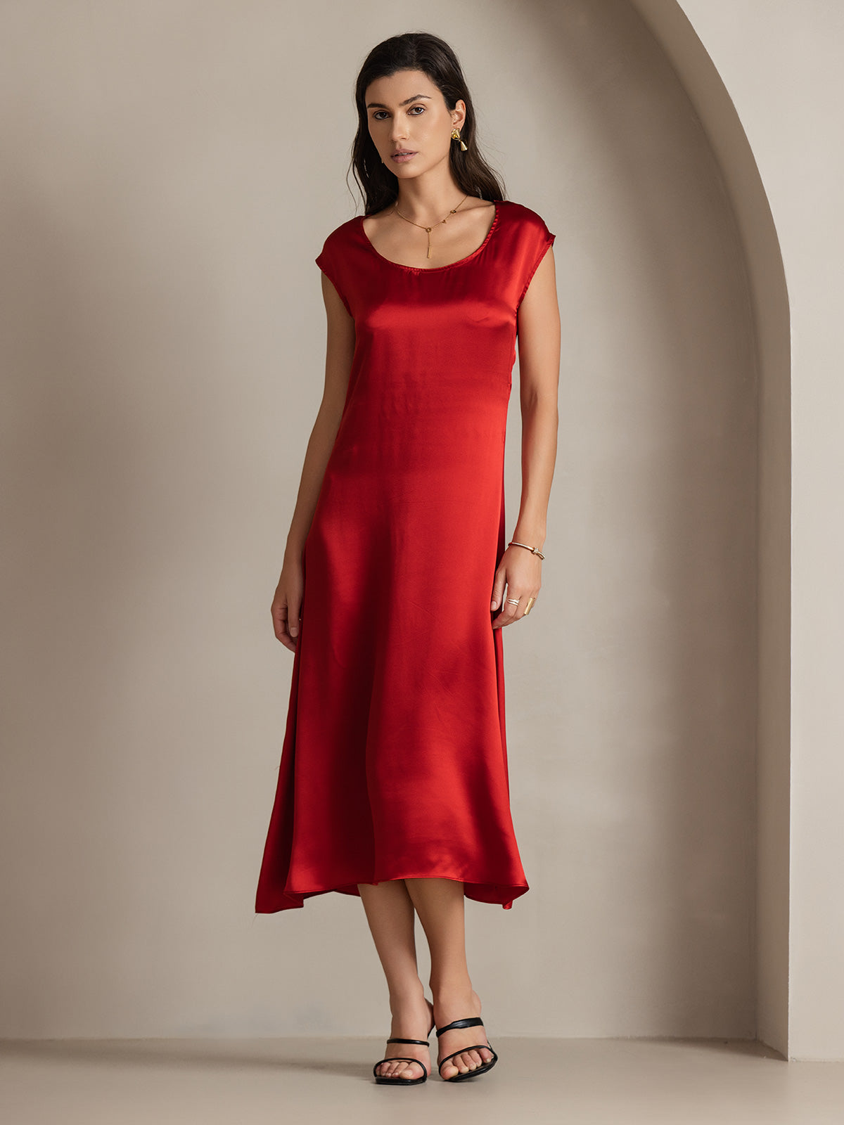 [Wine] SilkSilky-CA 19Momme Silk Round Neck Dress 001