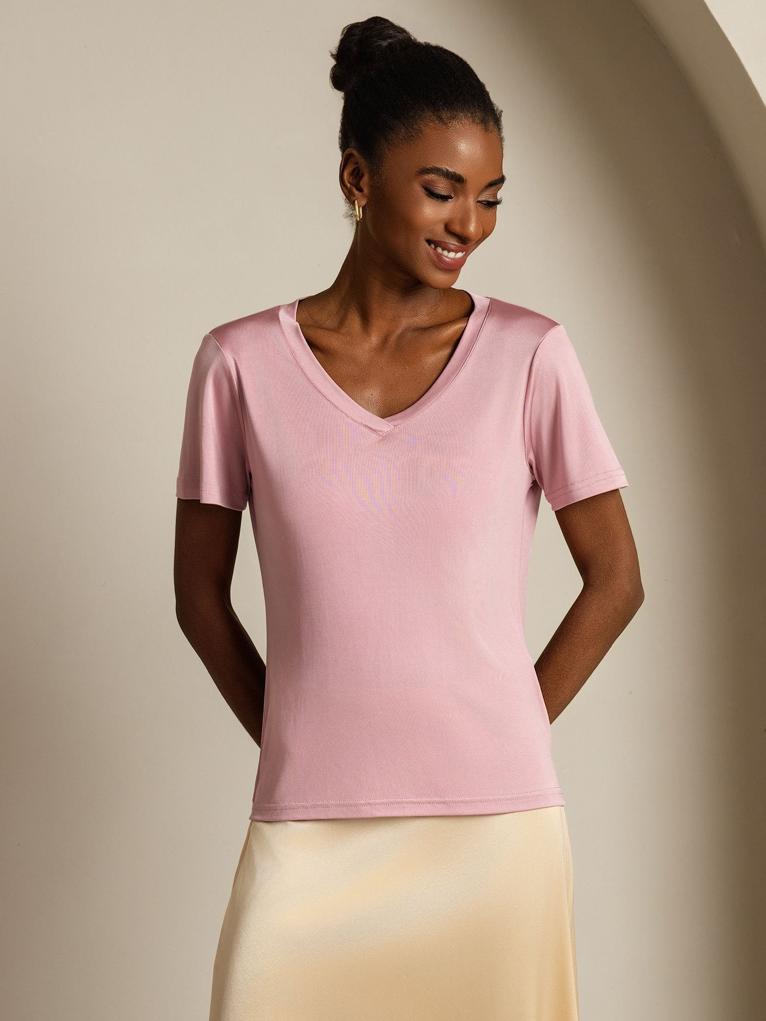 [PaleMauve] SilkSilky-CA Pure Silk V Neck Women's T-Shirt 003