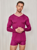 SilkSilky CA Silk Knitted Long Sleeve V Neck Men's T Shirt DarkRed 003