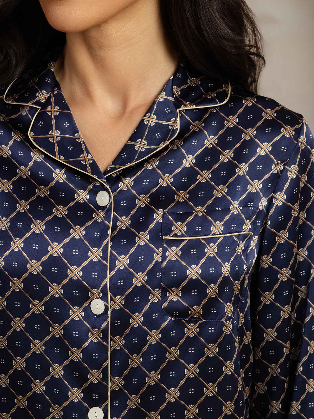 [Navy Chain] SilkSilky-CA Pure Silk Womens Pajamas 006