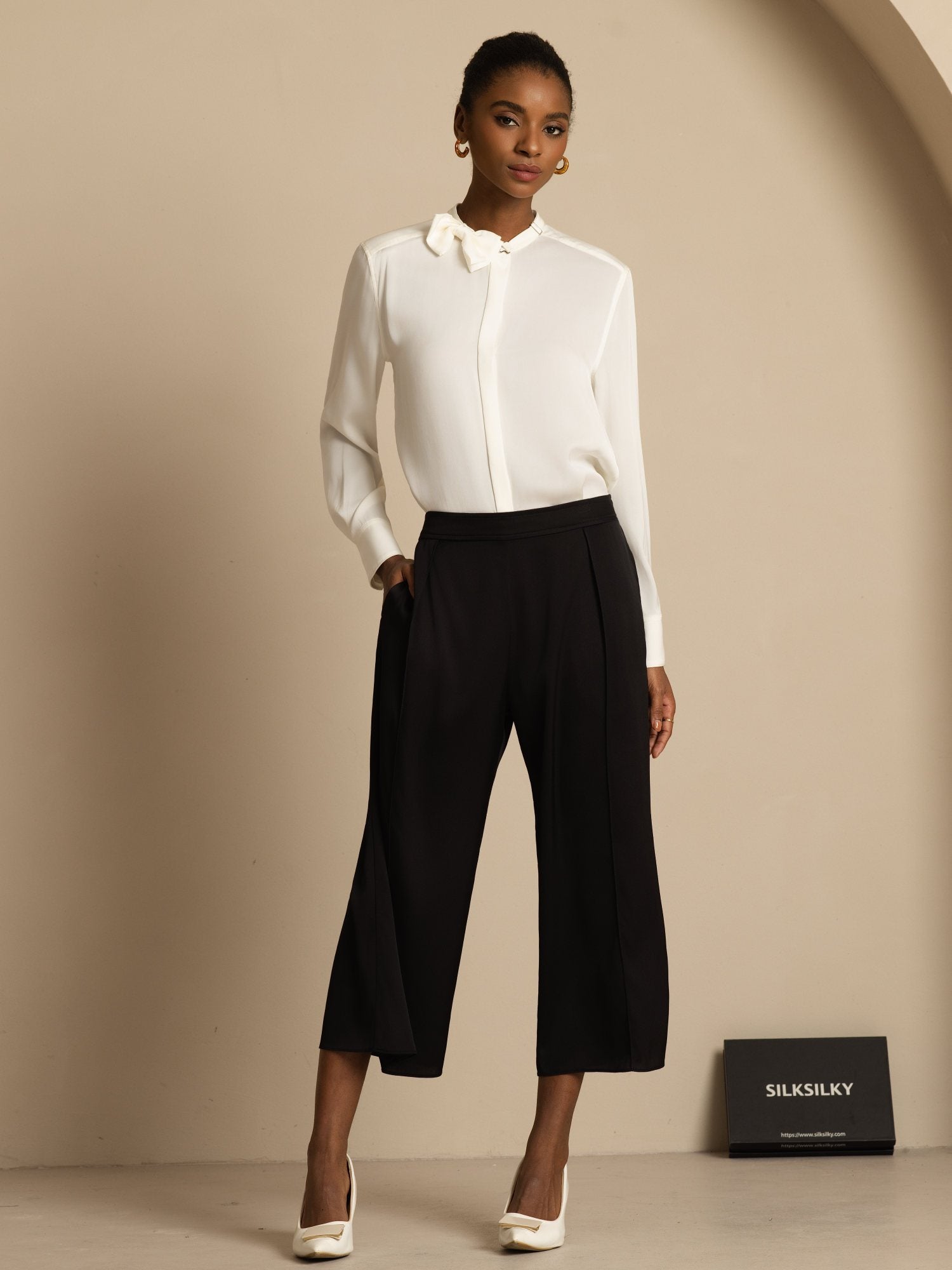 [White] SilkSilky-CA 19Momme Stretch Silk Double Georgette Long Sleeve Collar Blouse 008