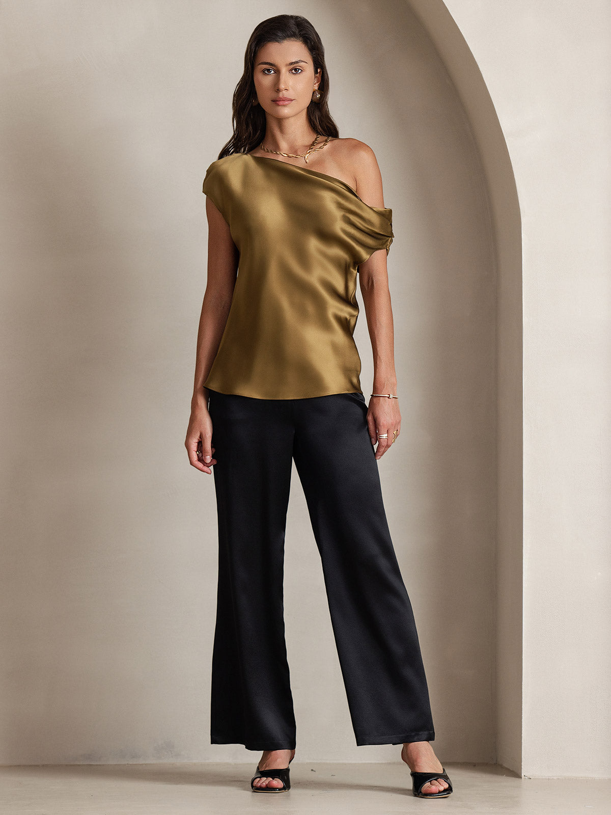 [Brown] SilkSilky-CA 19Momme Silk One Shoulder Women's T-Shirt 006
