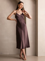 [Coffee] SilkSilky-CA Spaghetti Strap V Neck Dress 006