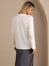 [White] SilkSilky-CA Long Sleeve Deep V Neck Women's Blouse 002