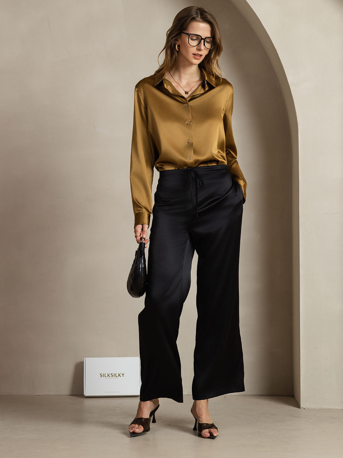 [Bronze] SilkSilky-CA Silk Long Sleeve Lapel Collar Women's Shirt 010