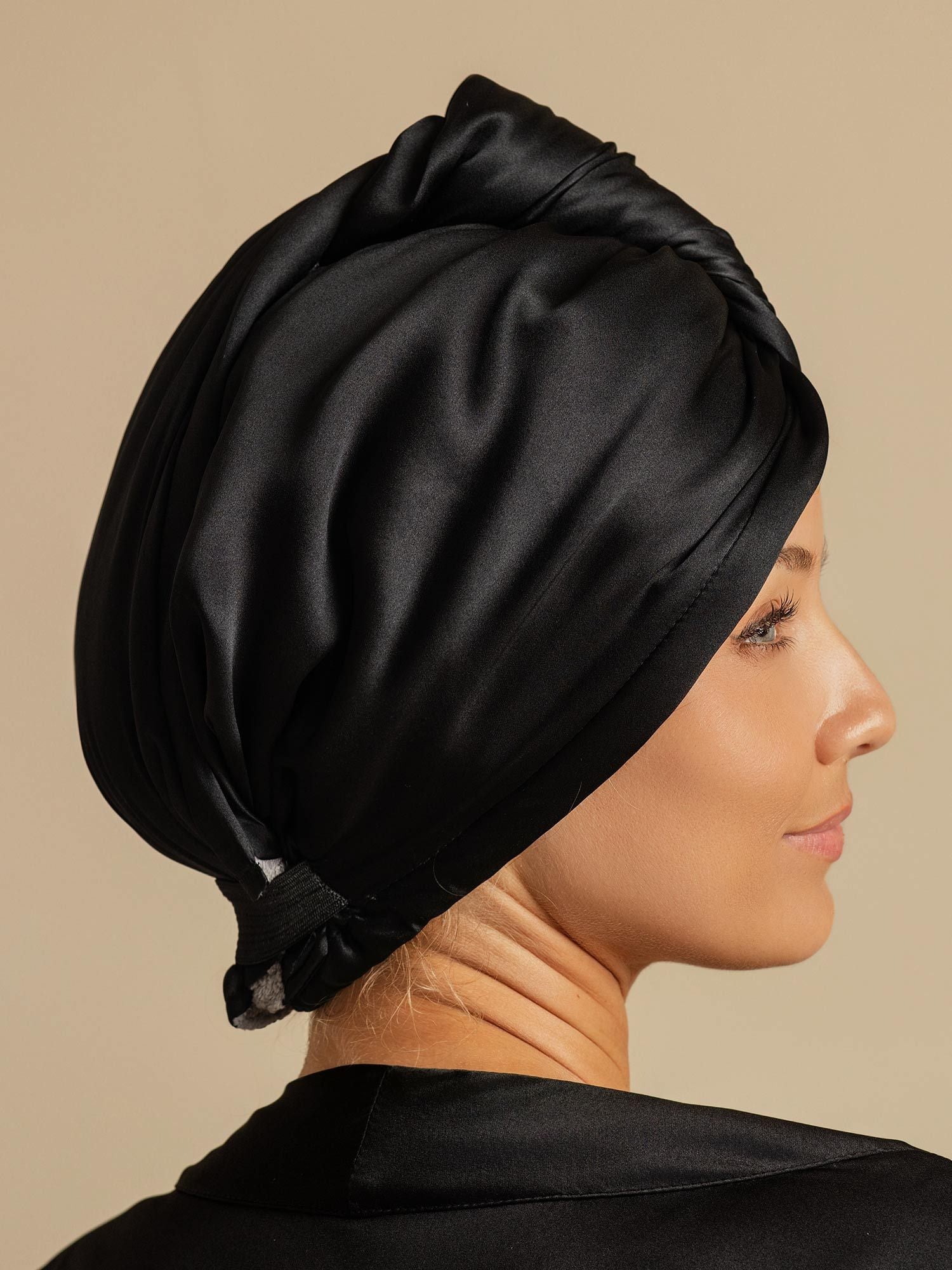 [Black] SilkSilky-CA Pure Silk Wrap Hair Towel Wrap 002,