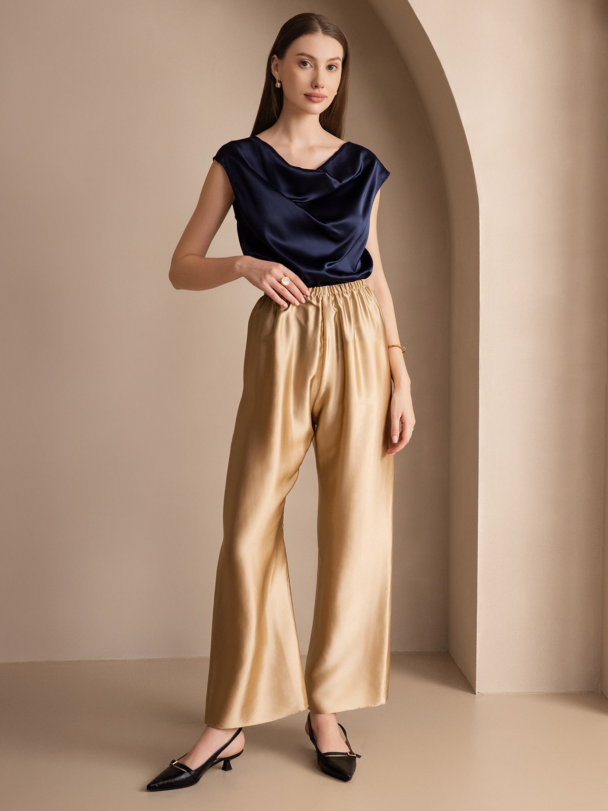 [Dark Blue] SilkSilky-CA 19Momme Silk Cap Sleeve Cowl Neck Women's T-Shirt 006