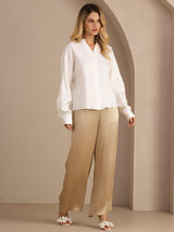 [White] SilkSilky-CA Long Sleeve Split Women's Blouse 006