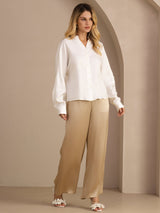 [White] SilkSilky-CA Long Sleeve Split Women's Blouse 006