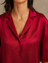 [Wine] SilkSilky-CA 19Momme Machine-Washable Silk Half Sleeve Notch Collar Women's Pajamas 004