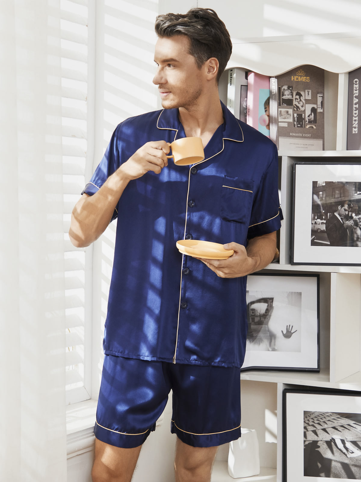 SilkSilky CA Pure Silk Short Sleeve Mens Pajamas DarkBlue 001