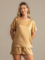 [Tan] SilkSilky-CA 19Momme Machine-Washable Silk Short Sleeve Round Neck Women's Pajamas 007