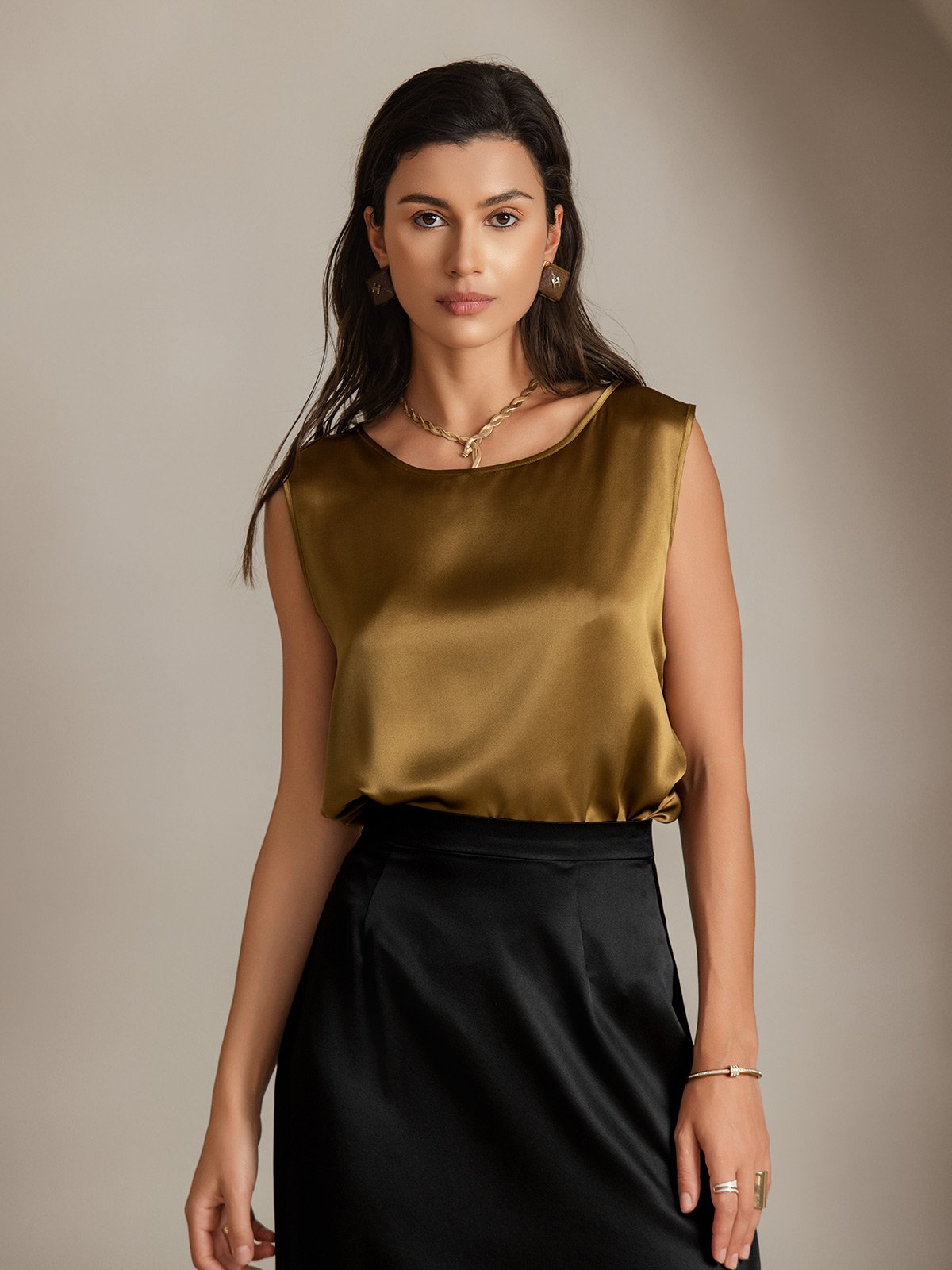 [Brown] SilkSilky-CA 19Momme Silk Round Neck Camisole 003
