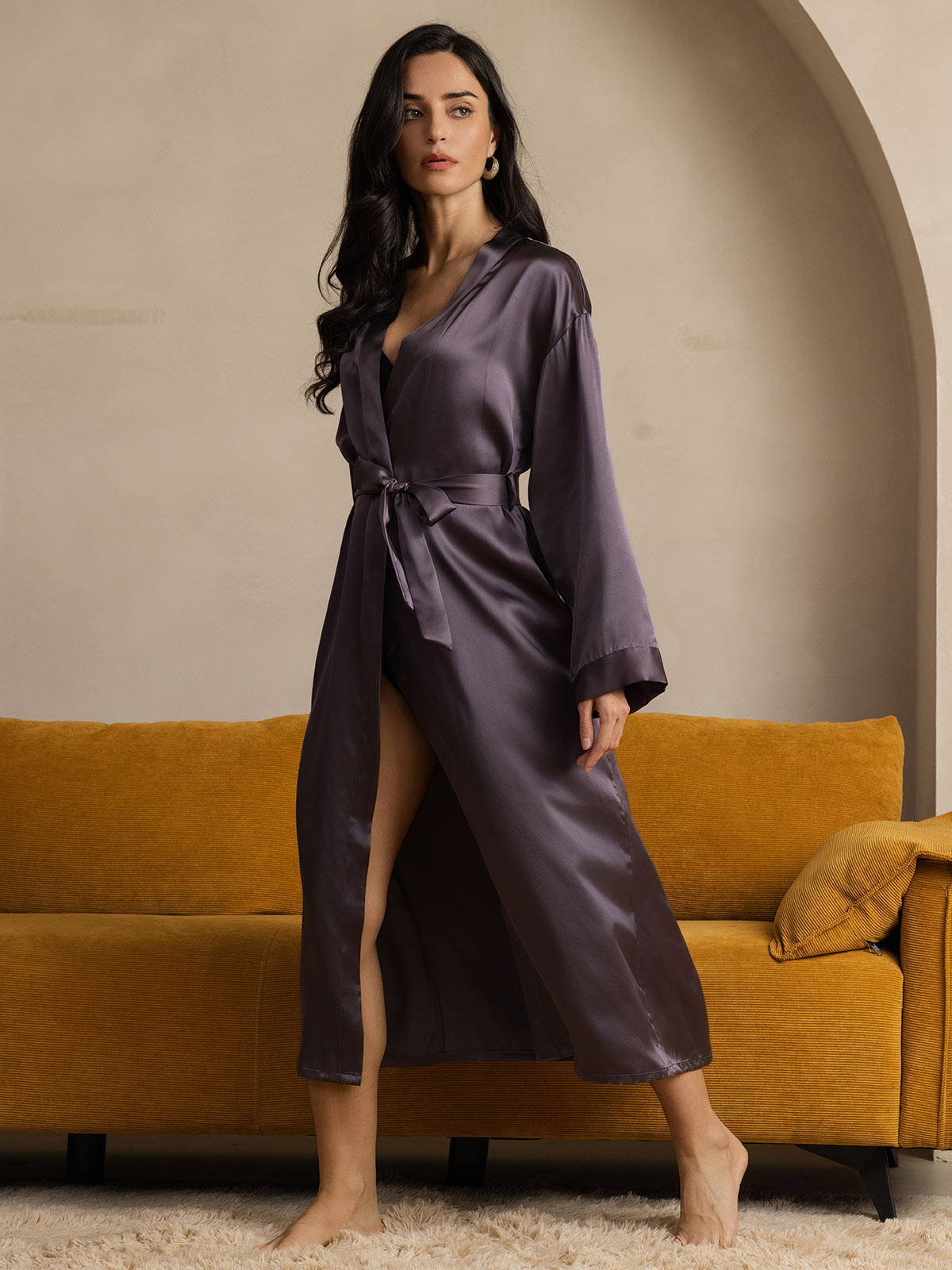 SilkSilky-CA Pure Silk Long Sleeve Womens Robe PurpleGray 004